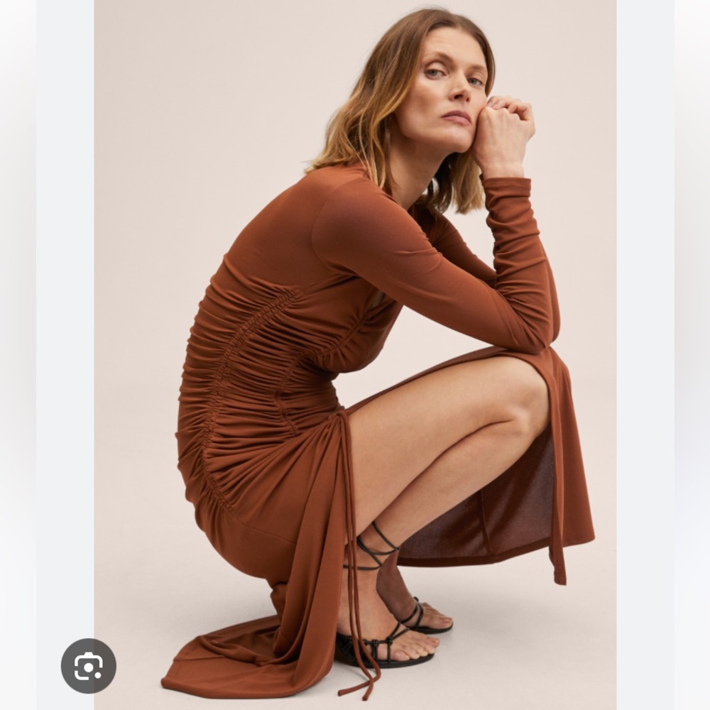 NWT Mango MNG Cutout v neck Ruched ruching long sleeve midi maxi brown dress
